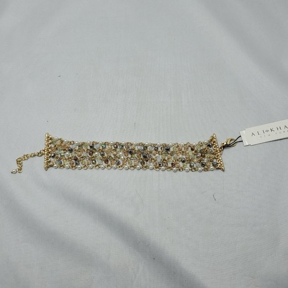 Ali Khan beaded bracelet with gold links. color pearl-opal-hematite-champagne - Picture 4 of 4